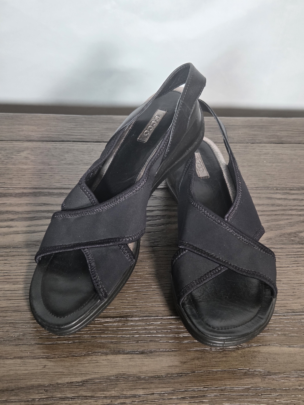 ECCO Felicia Black Stretch Crossover Slingback Wedge Sandals